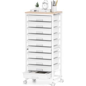 SYKIARIOL Rolling Cart with Drawers,10 Drawer Rolling Cart,Storage Cart with Wheels,Utility Cart with Drawers,Teacher Cart for Classroom Storage,Craft Cart with Wheels and Wooden Tabletop,White