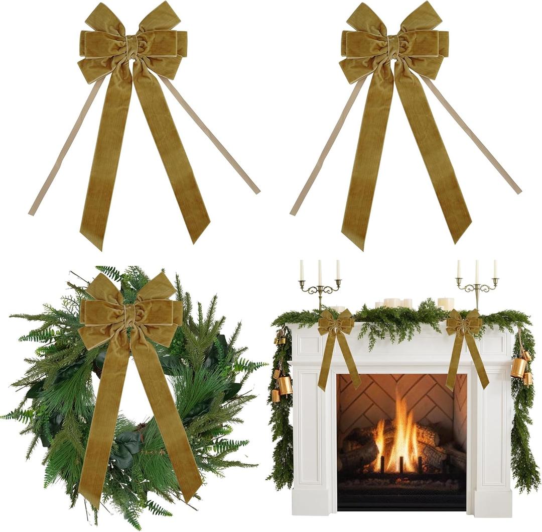 AIMUDI Khaki Velvet Bows - 6.5" x 15" Christmas Bows for Gift Wrapping, Tree, Wreath, Garland, Staircase, Home & Outdoor Decorations - 2 PCs (Camel)