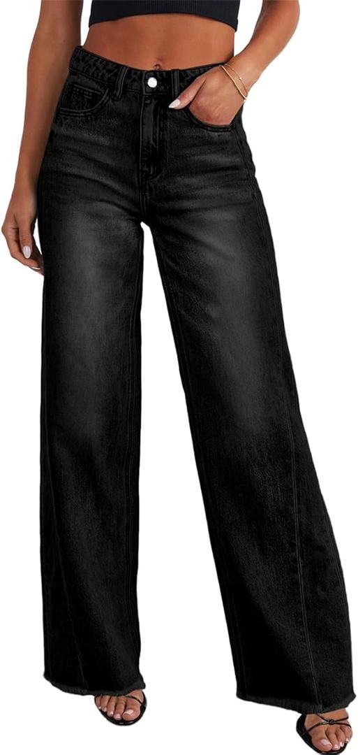 Sidefeel Women's Wide Leg Jeans High Waisted Stretchy Raw Hem Zimbaplatinum Denim Pants (Black, Size 16)