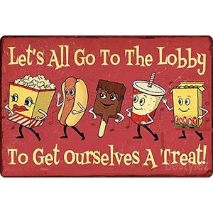 6 x Cute Movie Theatre Gaming Room Snacks Sign - Let's All Go To The Lobby Vintage Wall Decor 12" * 8" (030) (Red)