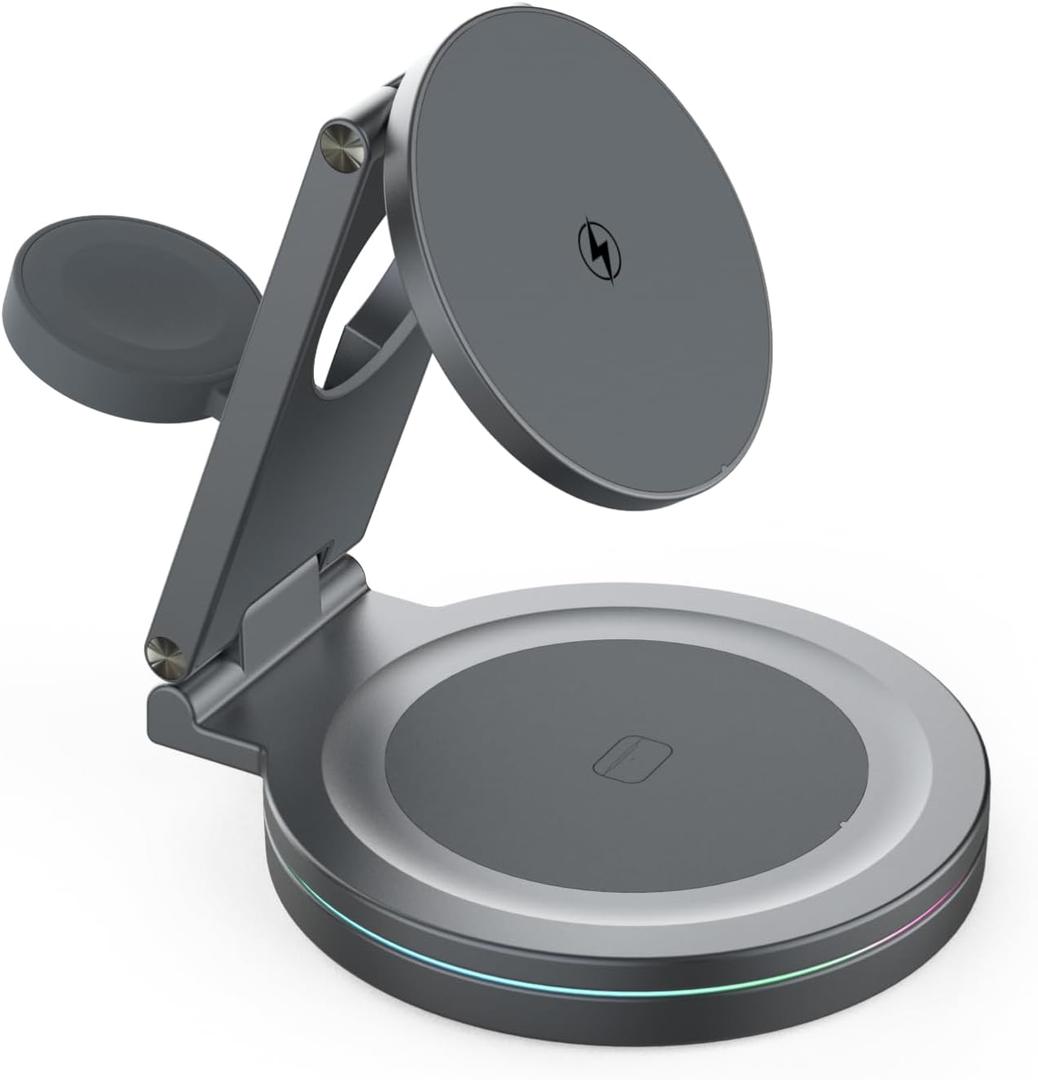 Foldable 360º Rotatable Zinc Alloy 3-in-1 Magnetic Wireless Charger,3 in 1 Charging Station,Charging Stand,15W for iPhone 12-17,5W for Apple Watches, AirPods (Adapter Included) (Gray)