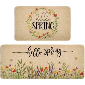 Decorhua Hello Spring Kitchen Mats Set of 2, Seasonal Floral Anniversary Wedding Holiday Low-Profile Floor Mat Non-Slip Absorbent Home Kitchen Rugs 17x29 and 17x47 Inch DM065
