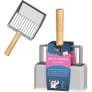 Cat Litter Scoo Easy Use Metal Litter Scoop with Comfortable Beech Wood Grip - One Easy to Clean Stand is Included