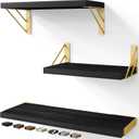 BAYKA Wall Shelves for Bedroom Decor, Floating Shelves for Living Room Kitchen Storage, Mounted Rustic Wood Floating Shelves for Kids Books, Corner Shelves for Bathroom, Office(Black Gold,Set of 3) (16-inch Mixed)