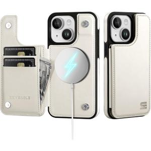 SkyEagle for iPhone 15 Wallet Case with Card Holder Compatible with Magsafe Kickstand RFID Blocking Flip Cover Credit Card Slots PU Leather Men Women Phone Case for Apple 15 6.1",White