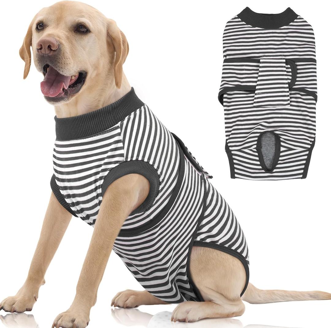 FUAMEY Dog Recovery Suit Male, Dogs Surgery Neuter Suits Puppy Spay Shirts for Female Protect Dog's Skin Anti Licking Abdominal Wounds Doggie Onesie Pet Bodysuit Alternative to Cone Gray Stripes XXL (XXL(Back:24.8-29.5in,WT:75+lbs))