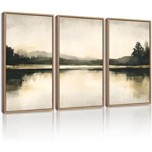 KUVIOKE Watercolor Abstract Mountain Lake Framed Wall Art Brown Landscape Nature Wilderness Painting Nordic Neutral Tan Illustration Decorative Home Decor 16x24in (Natural Framed)