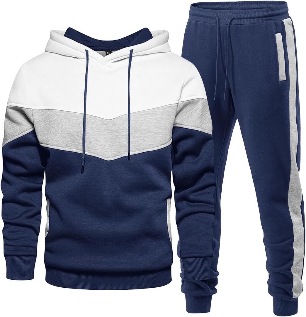 Men's Hoodie Tracksuit 2 Pieces Set Athletic Casual Hooded Sweatshirt and Joggers Set Sweatsuit Outfits (Large, Navy White)