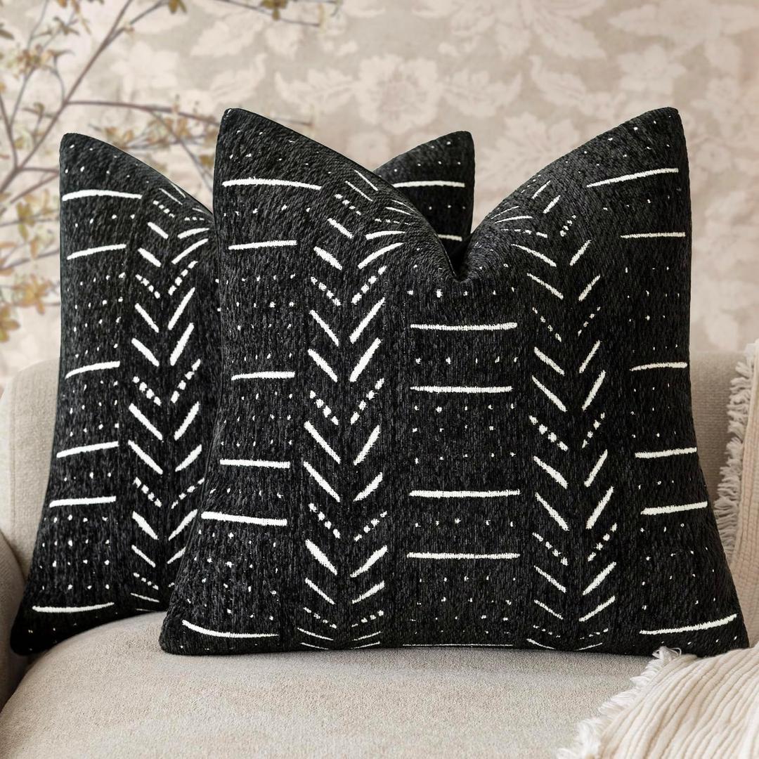 Home Dcor Decorative Boho Accent Chenille Throw Pillow Covers Textured Neutral Cozy Cushion Covers Soft Farmhouse Pillowcase for Couch Sofa Chair Bed Living Room, 1818 Inch, Set of 2, Black