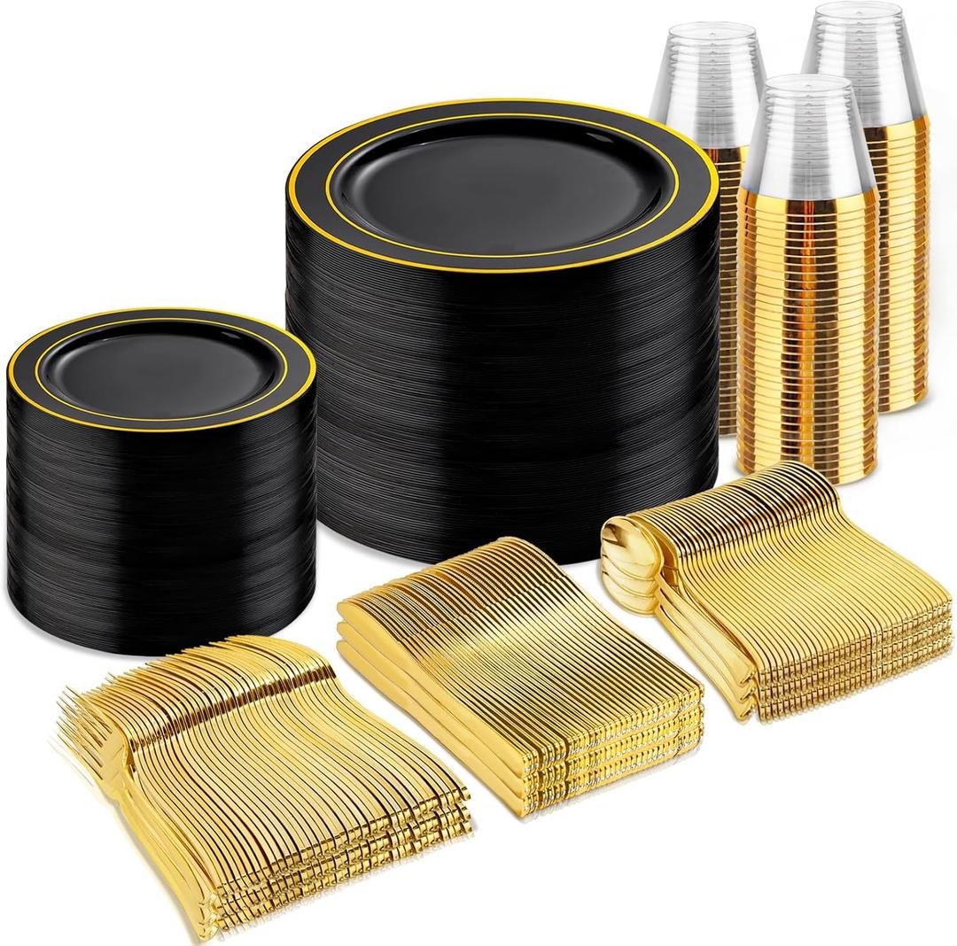 bUCLA 600PCS Black and Gold Disposable Dinnerware Set - Black Plastic Plates Disposable for Party Include 100 Dinner&100 Dessert Plates,100 Knives,100 Forks,100 Spoons,100 Cups