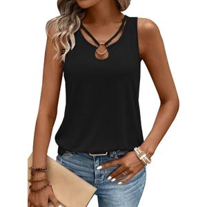 LOLONG Womens Tank Tops Summer Sleeveless Ribbed Knit Sexy Shirts Casual Cut Out Ring Keyhole Neck Tanks (Black, XL)