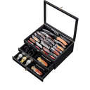 Large Knife Display Case, Large 3-Tier Wooden Pocket Knife Organizer with Glass Lid & Drawers, Storage Box for Folding Knife Collections, Ideal Men's Gift(Black)