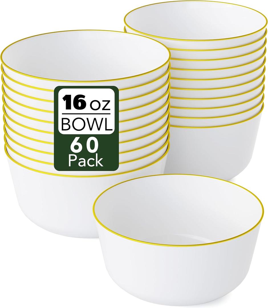 White With Gold Rim Disposable Plastic Bowls - 16 Oz, 60 Count - Large, Heavy Duty Soup & Cereal Bowls - Perfect For Weddings & Parties