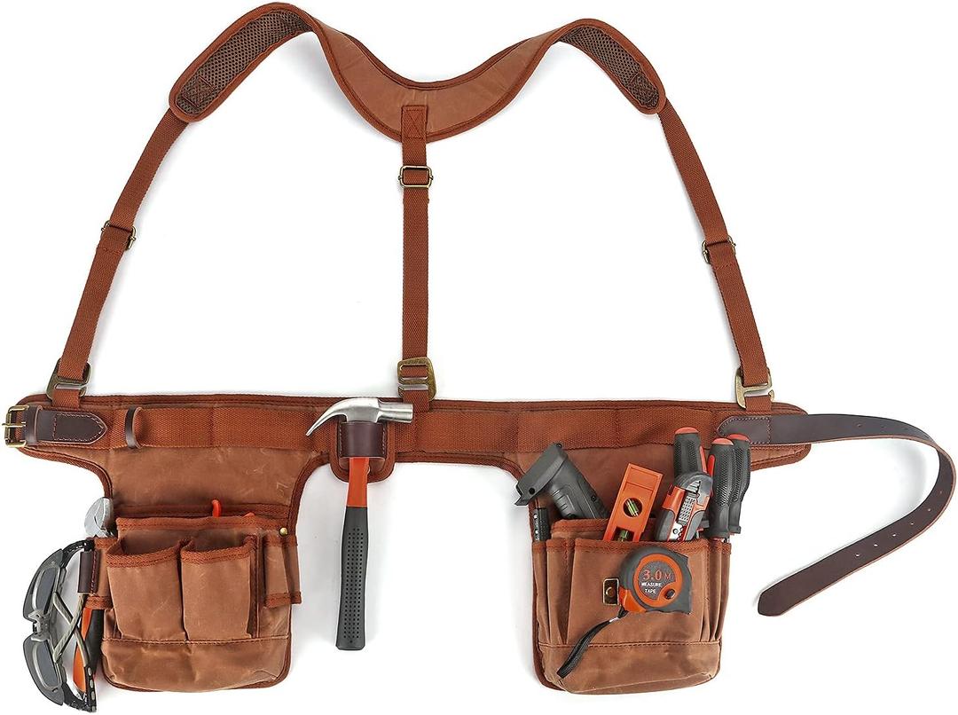 TOURBON Adjustable Tool Belt with Suspenders for Carpenter Framers Construction, Khaki