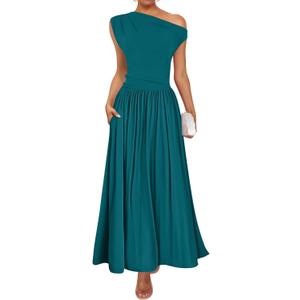 ZESICA Women's Summer 2025 Sleeveless Maxi Dress One Shoulder Casual Slim Swing Pleated Formal Dresses with Pockets, Teal, Medium