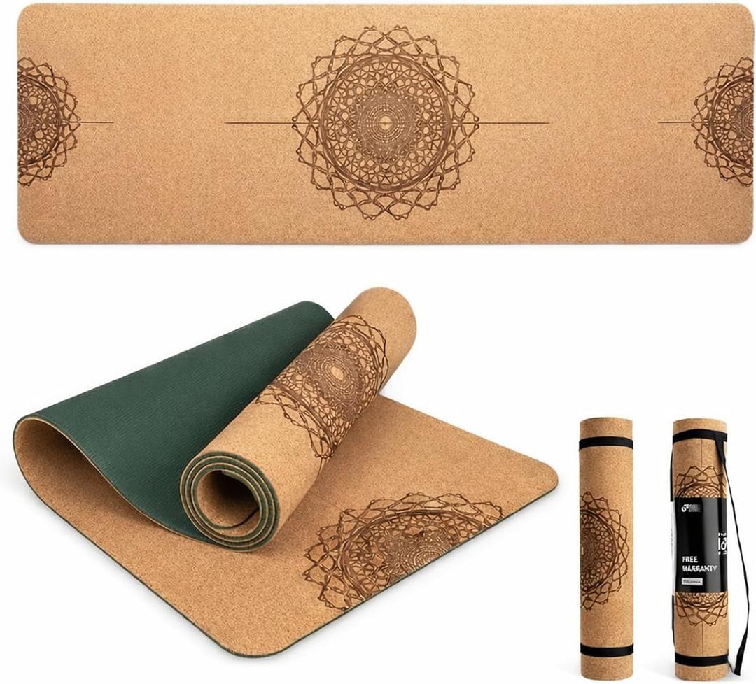 Workout Mat with Carrying Strap - 6mm Thick Cork Yoga Mat (72 x 24) - Non-Slip Cork Mat for Home, Gym, Fitness & Hot Yoga - Lightweight, Cushioned, Durable & Sweat-Resistant by Fitby