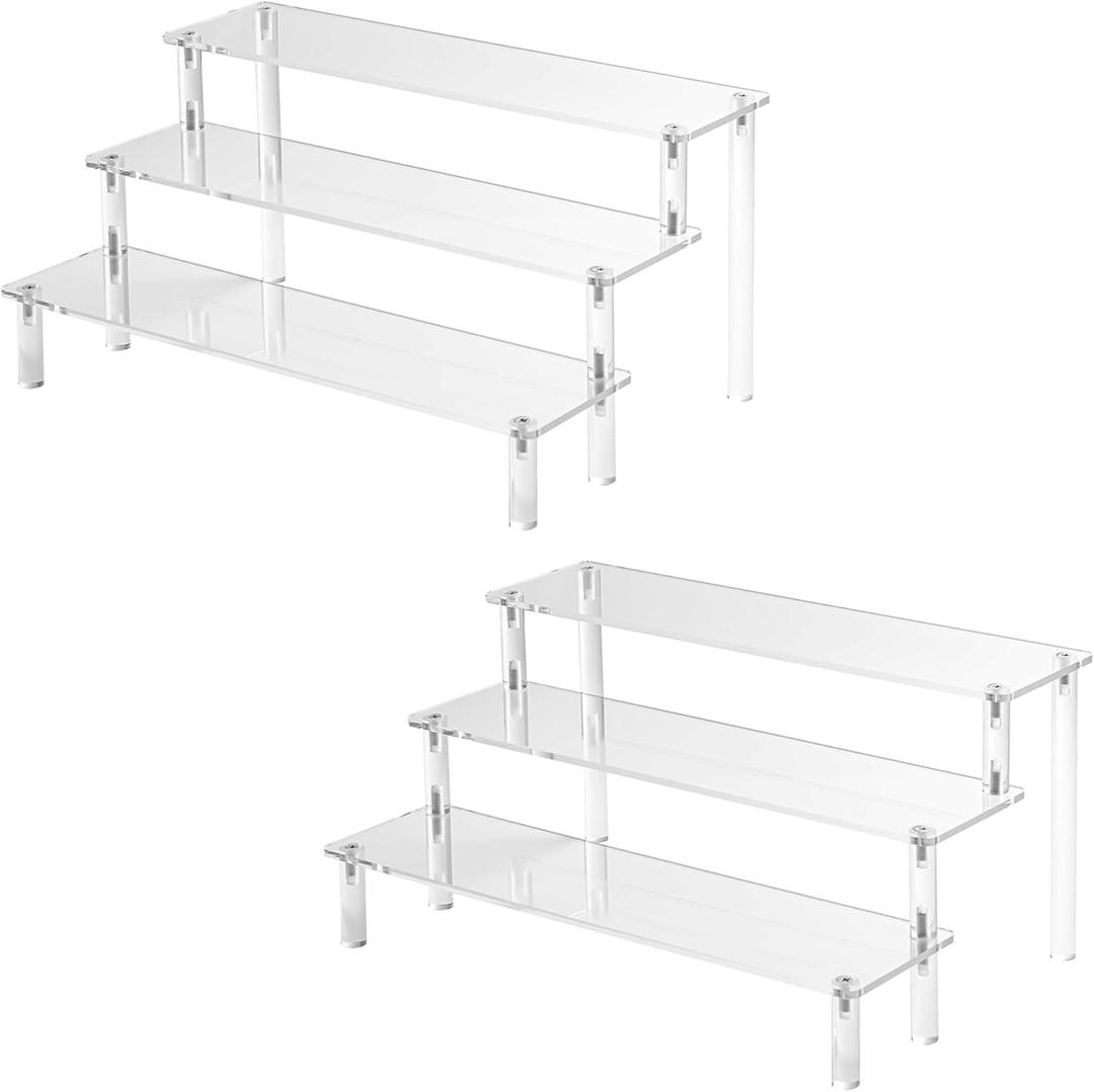 2PCS Acrylic Risers Display Stands, 3 Tier Perfume Organizer Display Shelf & Versatile Cupcake Stand Holder, Display Risers for Figures, Dessert Shelves for Party for Decoration and Organizer (2PACK Large 11.8IN)