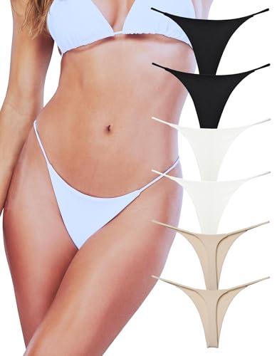 KUKU PANDA Sexy G String Thongs for Women Stretchy Cotton Panties Ladies No Show Underwear 6 Pack Set (Black White Beige, Small)