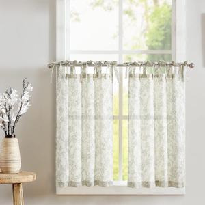 jinchan Linen Kitchen Curtains Floral Printed Tier Curtains 36 Inch Length Farmhouse Cafe Drapes for Small Windows Tie Top Botanic for Country Laundry Room Bathroom RV 2 Panels Sage Green on Beige