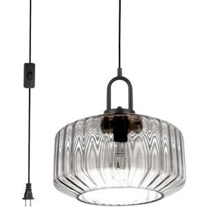Plug in Hanging Pendant Light Bedroom Plug in Pendant Lamp Globe Hanging Lights with Plug in Cord Kitchen Mid Century Modern Ceiling Light fixtures Clear Striped Glass Swag Lights