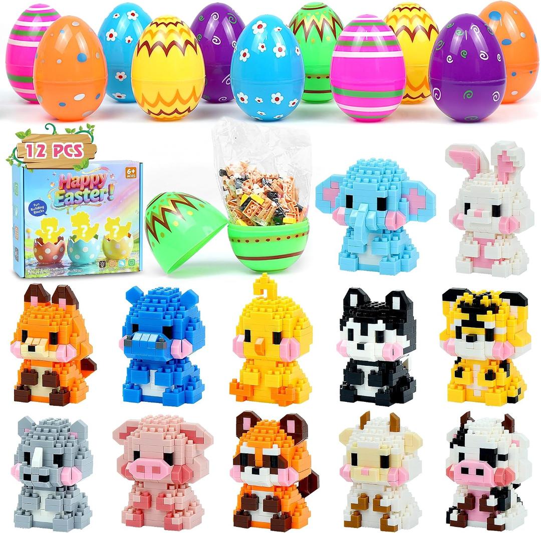 Easter Basket Stuffers Essentials, 12 Pcs Mini Animal Building Blocks with Easter Eggs, Building Blocks for Teens Kids Girls Boys Egg Hunt Prizes, Party Favors and Classroom Gifts (Easter - Animal A)