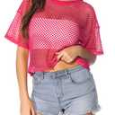 CLOZOZ Women's Mesh Crop Top See Through Fishnet Shirt Short Sleeve Crew Neck Sheer Cover Up Rose Red, M/L
