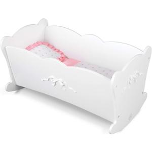 KidKraft Tiffany Bow Scalloped-Edge Wooden Lil Doll Rocking Cradle with Comforter, Pad and Pillow - White, Gift for Ages 3+ (Pink)