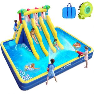 ELEMARA 20.66x16.4FT Inflatable Water Slide for Big Kids, Water Park for Kids Backyard with Large Double-Layer Pool,3 Extra-Long Slides,Climbing Wall, 2 Water Cannons, Water Spraying, 750W Air Blower (Blue)