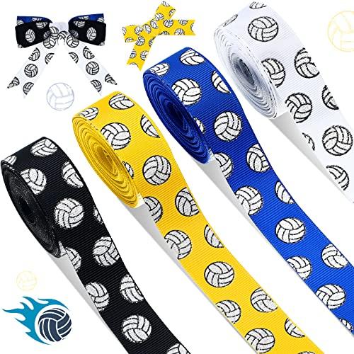 MTLEE 4 Rolls Volleyball Ribbons Volleyball Decorations Glitter Grosgrain Ribbons 20 Yards 7/8-inch for Cheer Gift Wrapping Making Hair Bows Sports Theme Party Decor(White, Black, Navy Blue, Yellow)