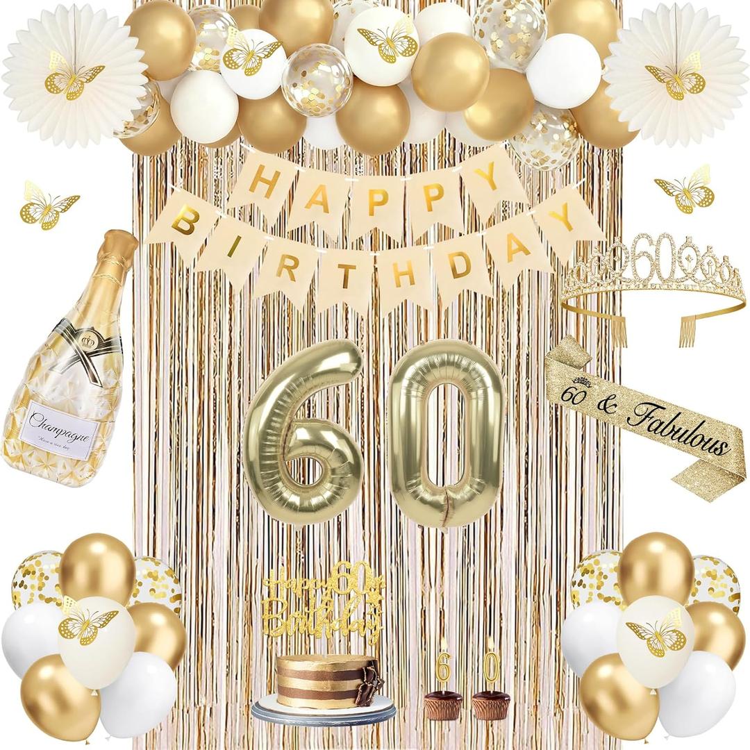 60th Birthday Decorations for Women, Champagne Gold 60th Birthday Gifts for Women, 60 Sash and Crown, Banner, Fringe Curtains, Hanging Paper Fans, 60 Year Old Party Supplies Set