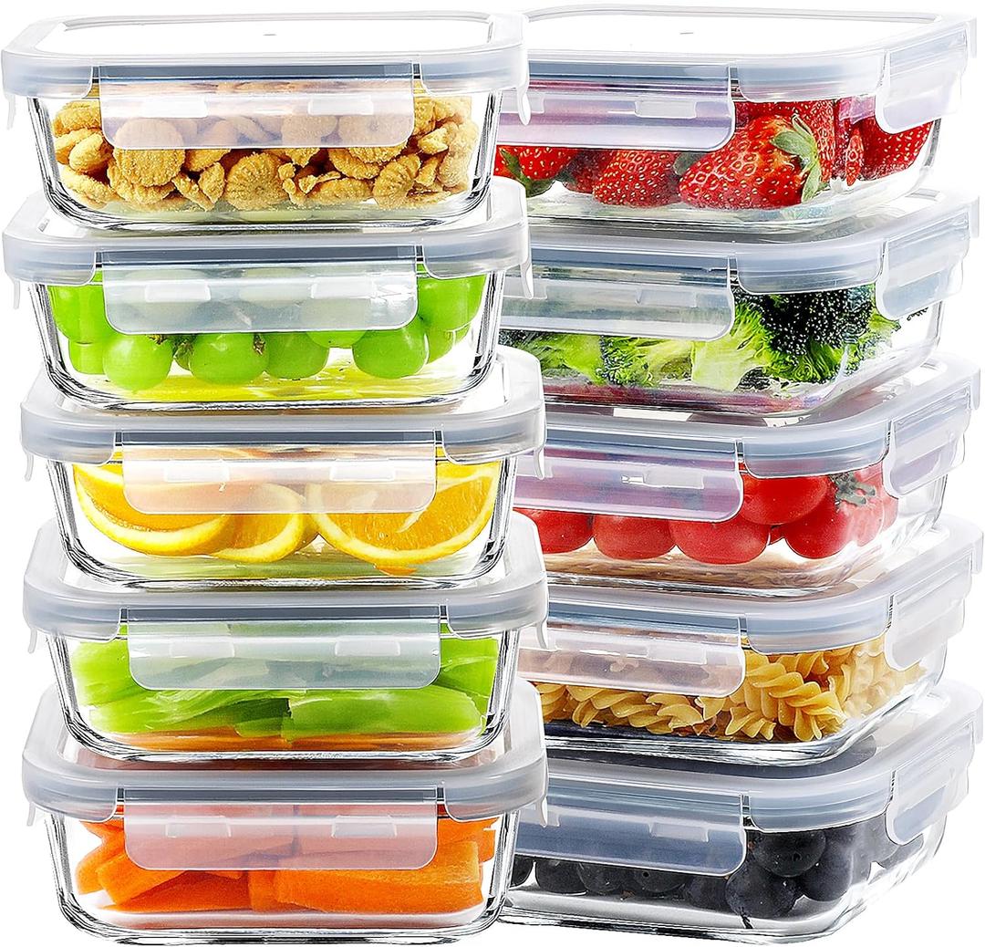 BAYZZ Glass Meal Prep Containers, 10 Packs 22 oz Glass Food Storage Containers, Airtight Lunch Containers with lids, Microwave, Freezer, Dishwasher Safe (Gray)