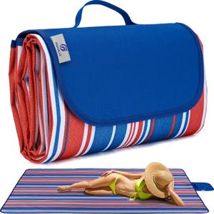 Beach Blanket Picnic Mat Outdoor Picnic Blanket Extra Large Sand Proof Waterproof Portable Beach Chair Mat for Adult Camping Hiking Travel Park Law Grass (Red Blue Lines)