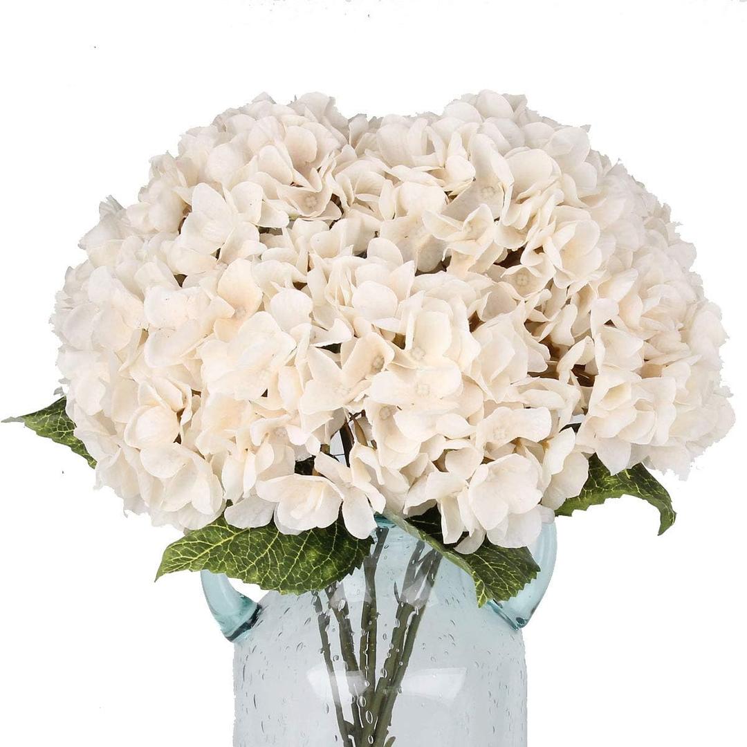2Bouquets Artificial Fake Flowers Plants Silk Hydrangea Arrangements Wedding Bouquets Decorations Plastic Floral Home Kitchen Garden Party Festival Bar DIY (Ivory White, 5 Flower Heads)