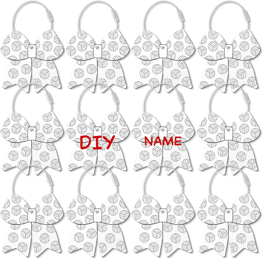 12 Pcs Volleyball Bow Luggage Tags for Volleyball Travel Suitcase Labels with Metal Ring 2.75in Volleyball-Related Keychain PVC Name ID Card and DIY Pocket Hug Card for Men Women Travel Bag Suitcase