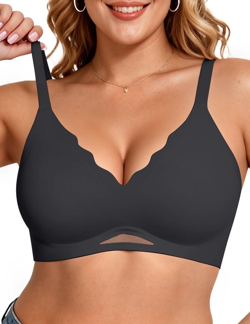 Vertvie Bras for Women Wireless Comfortable Push Up Bra Scalloped Seamless Full Coverage No Underwire Supportive T Shirt Bras (XX-Large, Black)