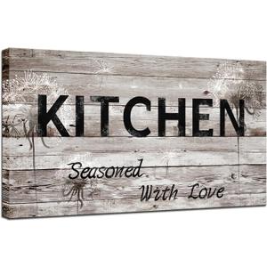 iHAPPYWALL Rustic Country Kitchen Wall Art Kitchen Seasoned with Love Room Sign Dandelion Picture Artwork for Farmhouse Kitchen Decor Ready to Hang 20x36inch