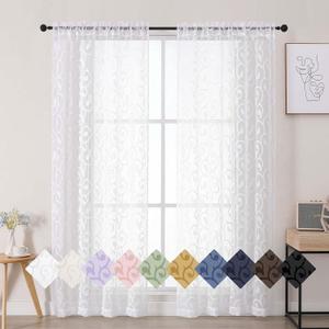 WelvetBLK White Sheer Curtains for Bedroom Living Room 72 Inches Long 2 Panels Set, Soft Airy Geometric Jacquard Clip Curtains Drapes, Modern Rod Pocket Door Curtain, White, 2Pcs Each 42" Wx72 L Inch