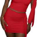 Women Two Piece Skirt Set Sexy Tie Crop Top & Mini Skirts Outifts Red, L
