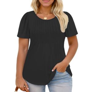 ROSRISS Plus Size Tops for Women Summer Flowy Pleated T Shirts Dressy Crew Neck Tees Casual Short Sleeve Blouses XL-5XL (XL)