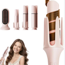 CNV Auto-Rotating Curling Iron with 3 Barrels & Straightener Comb, Anti-Scald, 3 Temp Settings, Travel-Friendly Pink