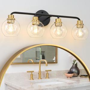 4 Light Bathroom Vanity Light, Black and Gold Bathroom Light Fixtures with Clear Glass Shade Modern Wall Sconces Lighting Bath Wall Lights Lamp for Mirror Kitchen Living Room Bedroom Hallway Cabinet