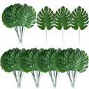 XONOR 100Pcs Artificial Monstera Leaves Fake Tropical Faux Palm Leaves with Stem for Jungle Hawaiian Dinosaur Luau Party Table Decoration Wedding Birthday Theme Party, Leaf Size: 7''x 5''