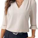 EVALESS Women's 3/4 Sleeve Tops Dressy Casual Pleated V Neck Business Work Blouses Office Shirts Size Large