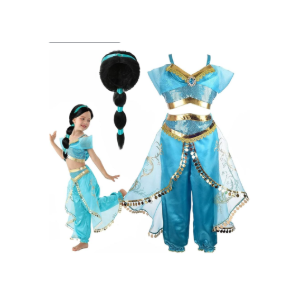 Girls Jasmine Arabian Princess Jasmine Cosplay Costume with Wig - Halloween Party Dress Up for Kids (110(3-4T))