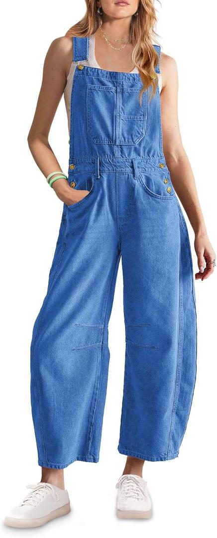 ReachMe Womens Casual Adjustable Bib Overalls Classic Wide Leg Jumpsuits Vintage Barrel Overalls Baggy Pants with Pockets (Medium, Denim Blue)
