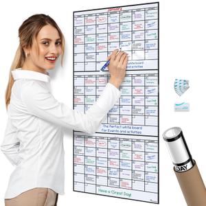 3 Month Dry Erase Calendar for Wall, 40x17, 3 Month Wall Calendar Dry Erase, Big White Board for Office, Home & School, Giant Erasable Whiteboard, Jumbo Monthly Undated Reusable White Board Planner