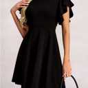 Women's Butterfly Short Sleeve Mini Dress Crew Neck A Line Elegant Work Office Dresses (Black, M)