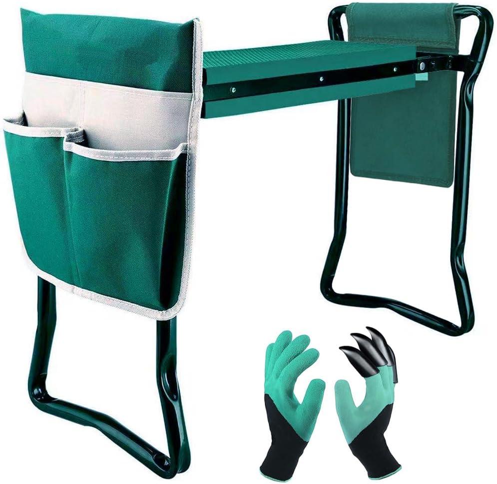 Garden Kneeler and Seat,with 2 Tool Bags Pouches and Claw Gloves,Portable Lightweight Bench Thicken EVA Foam Pad Sturdy Steel Pipe Practical Garden Tools(Green) (Green 1 Pc)