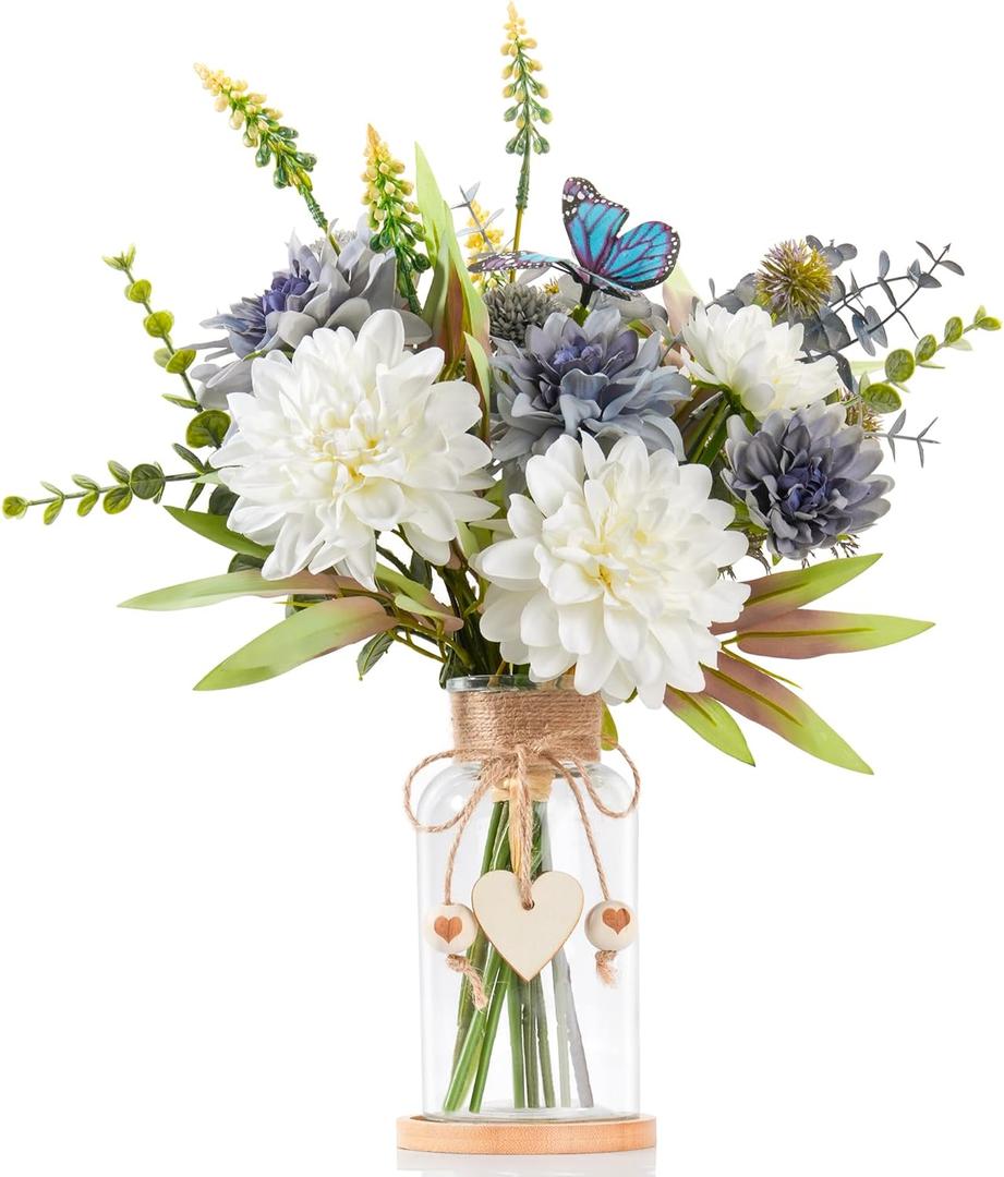 Fake Flowers in Vase 15.5"Centerpiece Table Decorations Silk Blue Flowers Arrangements Decor With Glass Vase Dahlia Artificial Flowers Chrysanthemum Faux Stems Butterfly Decorations (Clear)