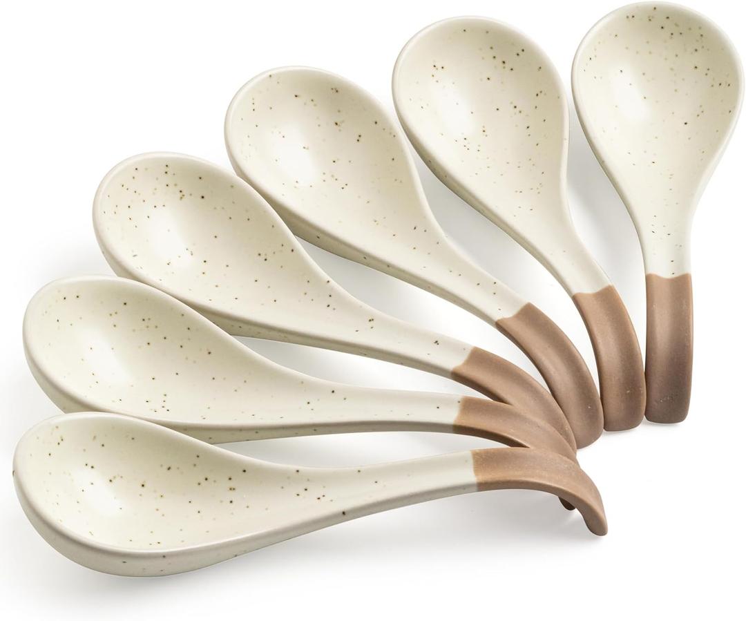LYEOBOH 6 Pieces Asian Soup Spoons, Japanese Kitchen Soup Spoon Set, Dinner Tablespoons with Long Handle for Cereal, Ramen, Ice Cream, Dishwasher & Microwave Safe, Rustic Decor, White and Brown